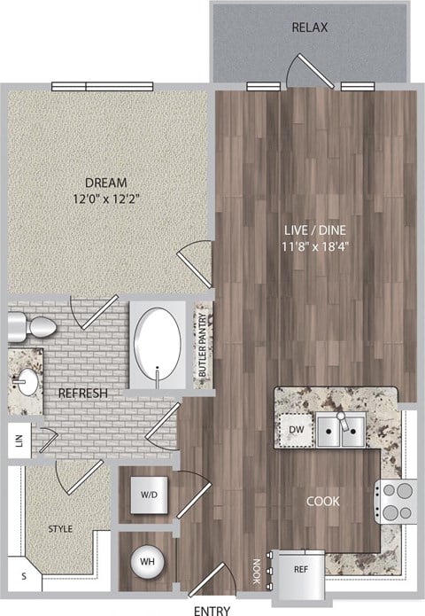 Floor plan for 1 bed, 1 bath, 729 sqft
